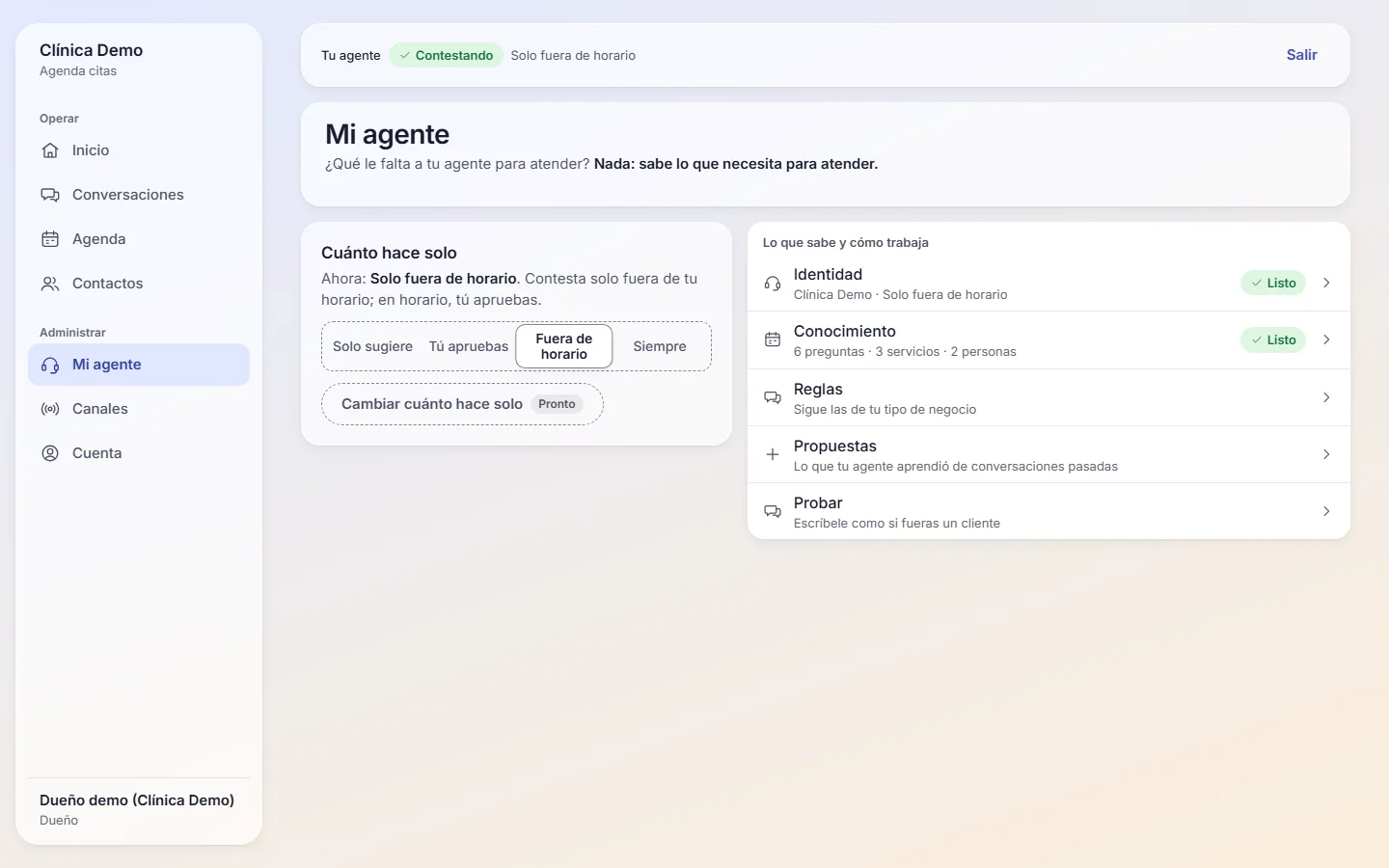 Setting how much the agent does on its own